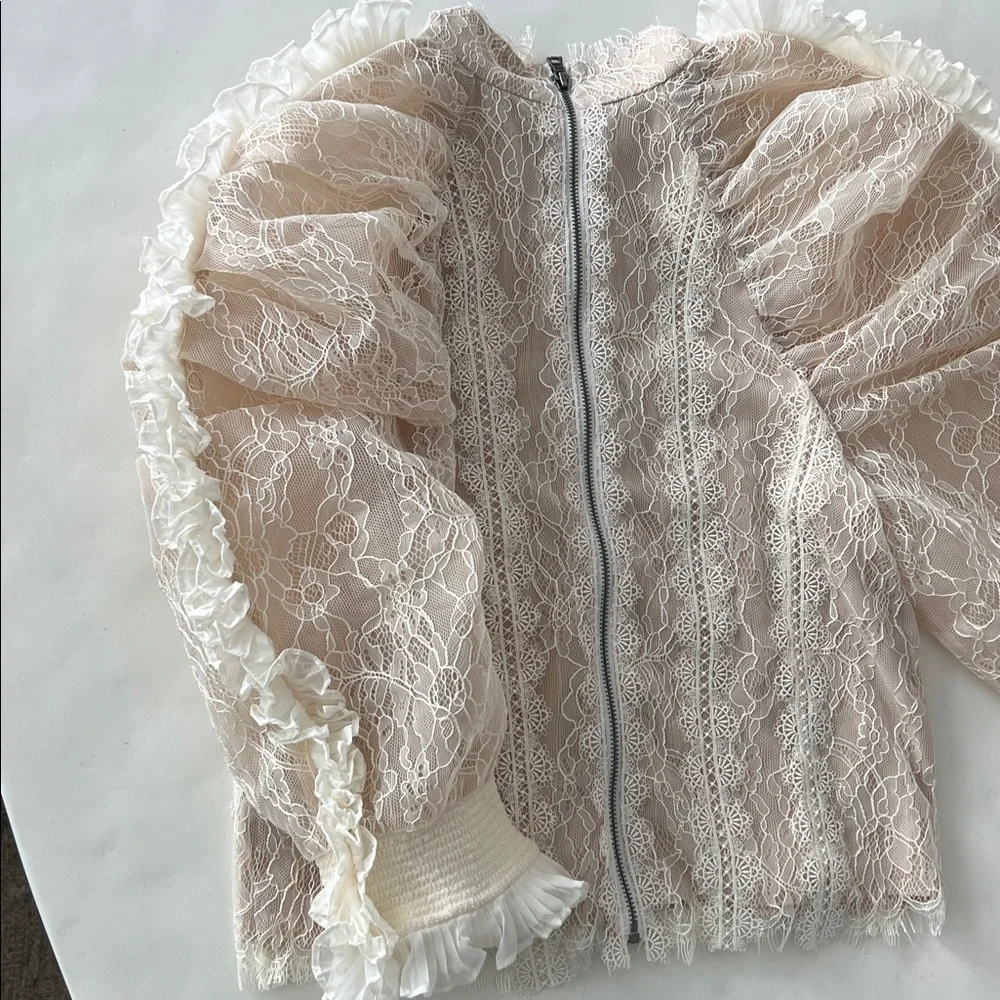 NWT Alice + Olivia Brenna Lace Ruffle High Neck Victorian Style Blouse 8/M $595 - Picture 6 of 8